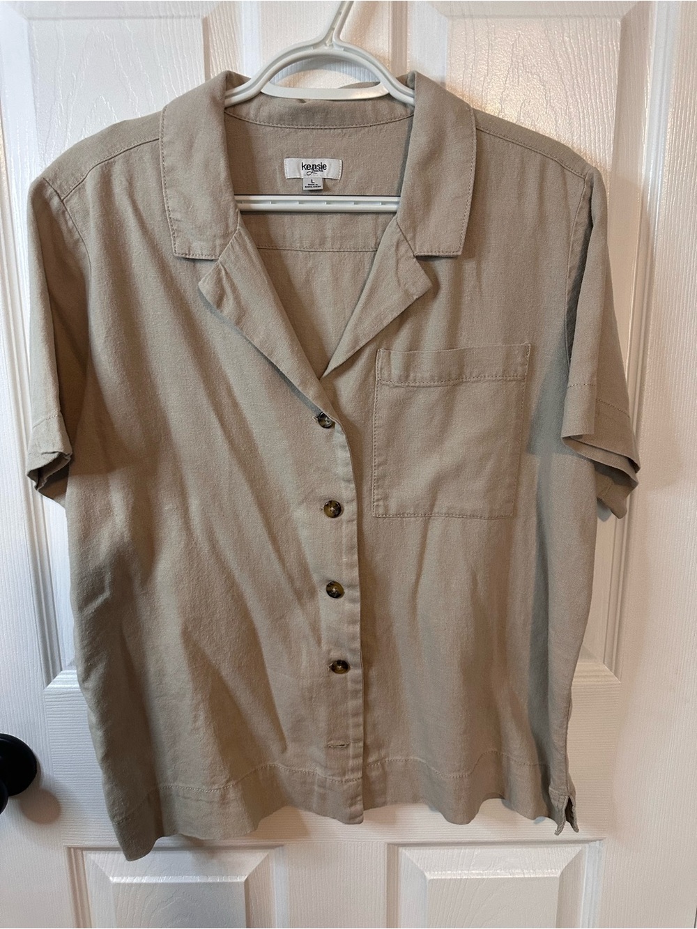 Kensie Women’s Short-Sleeve Camp Collar Shirt in Beige